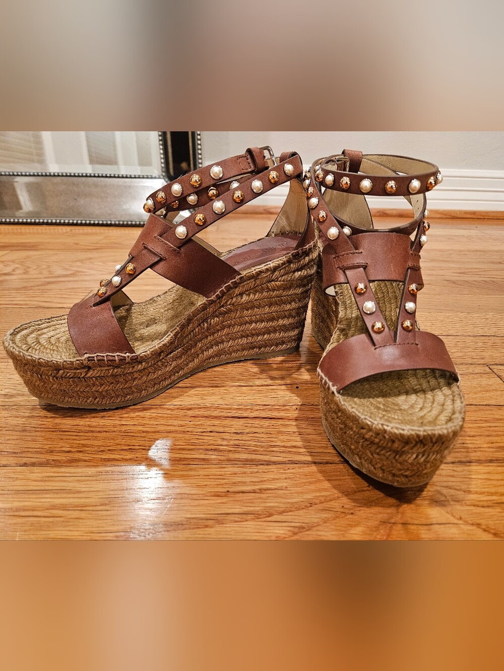 Jimmy Choo Brown Studded Espadrille Wedge Sandals